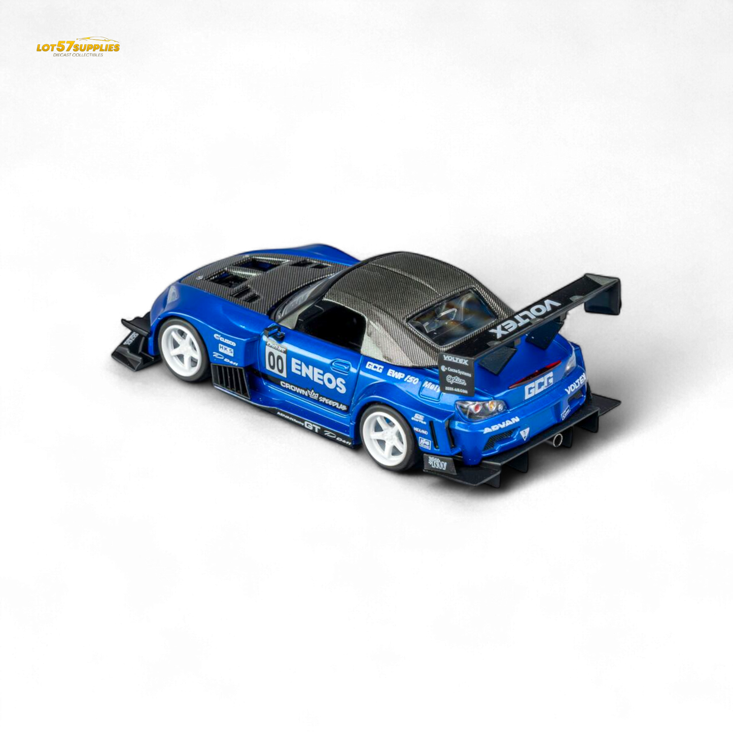 Candy blue Honda S2000 diecast model by Lot57Supplies, MicroTurbo ENEOS #00 Top Fuel, 1:64 scale, detailed collectible car.