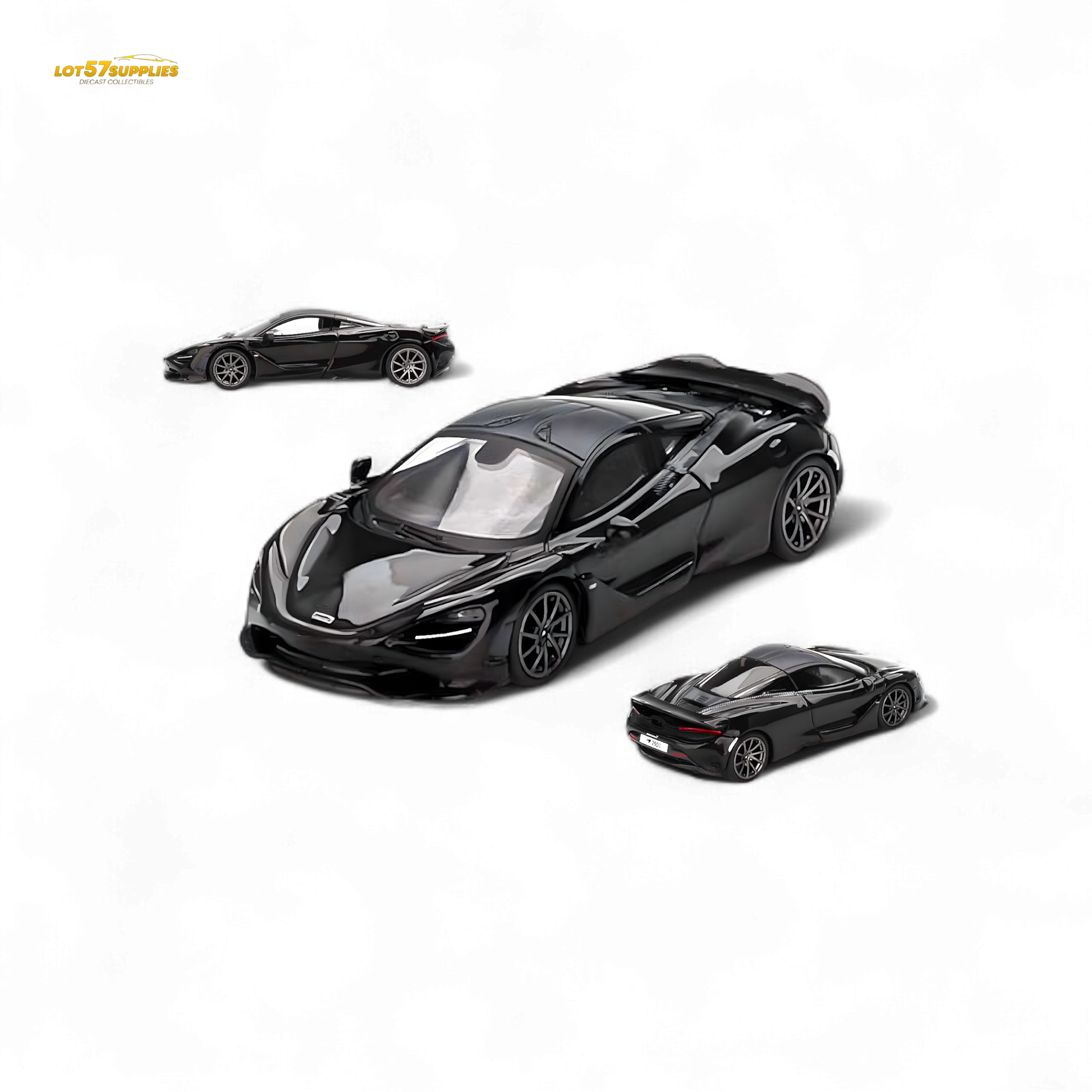 Mini-GT McLaren 750S diecast car in Saros Grey, 1:64 scale, detailed model from Lot57Supplies Diecast Shop.