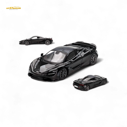 Mini-GT McLaren 750S diecast car in Saros Grey, 1:64 scale, detailed model from Lot57Supplies Diecast Shop.
