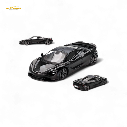 Mini-GT McLaren 750S diecast car in Saros Grey, 1:64 scale, detailed model from Lot57Supplies Diecast Shop.