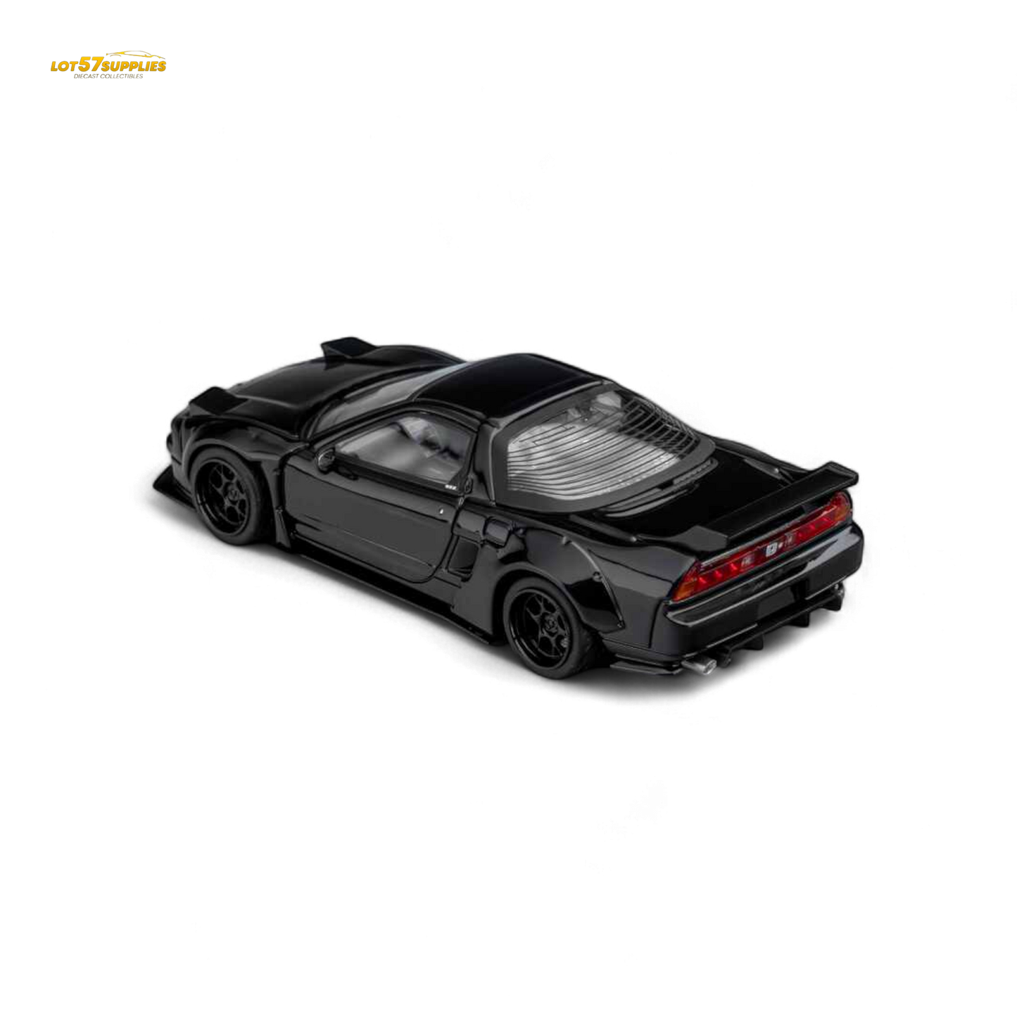 Gloss black Honda Microturbo NSX-R WideBody diecast model car in 1:64 scale with detailed features and realistic design.