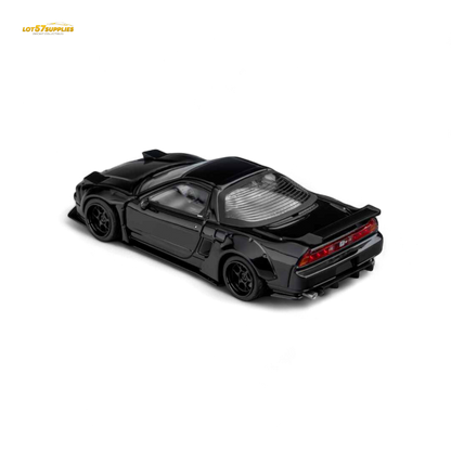 Gloss black Honda Microturbo NSX-R WideBody diecast model car in 1:64 scale with detailed features and realistic design.