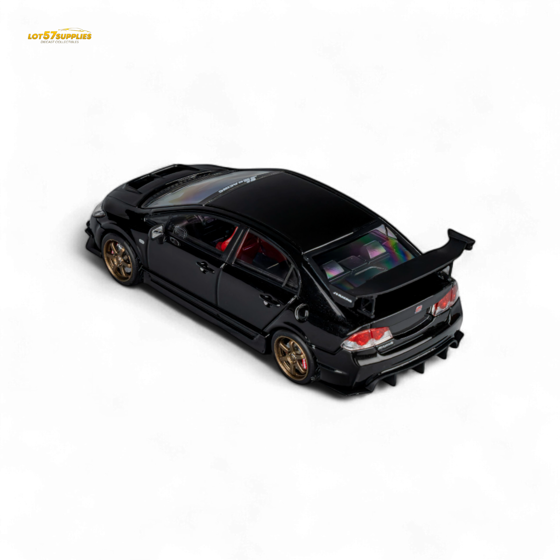 Black Honda Microturbo FD2 J's Racing diecast model car in 1:64 scale, featuring metallic black finish and detailed design.