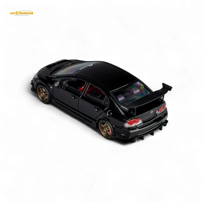 Black Honda Microturbo FD2 J's Racing diecast model car in 1:64 scale, featuring metallic black finish and detailed design.