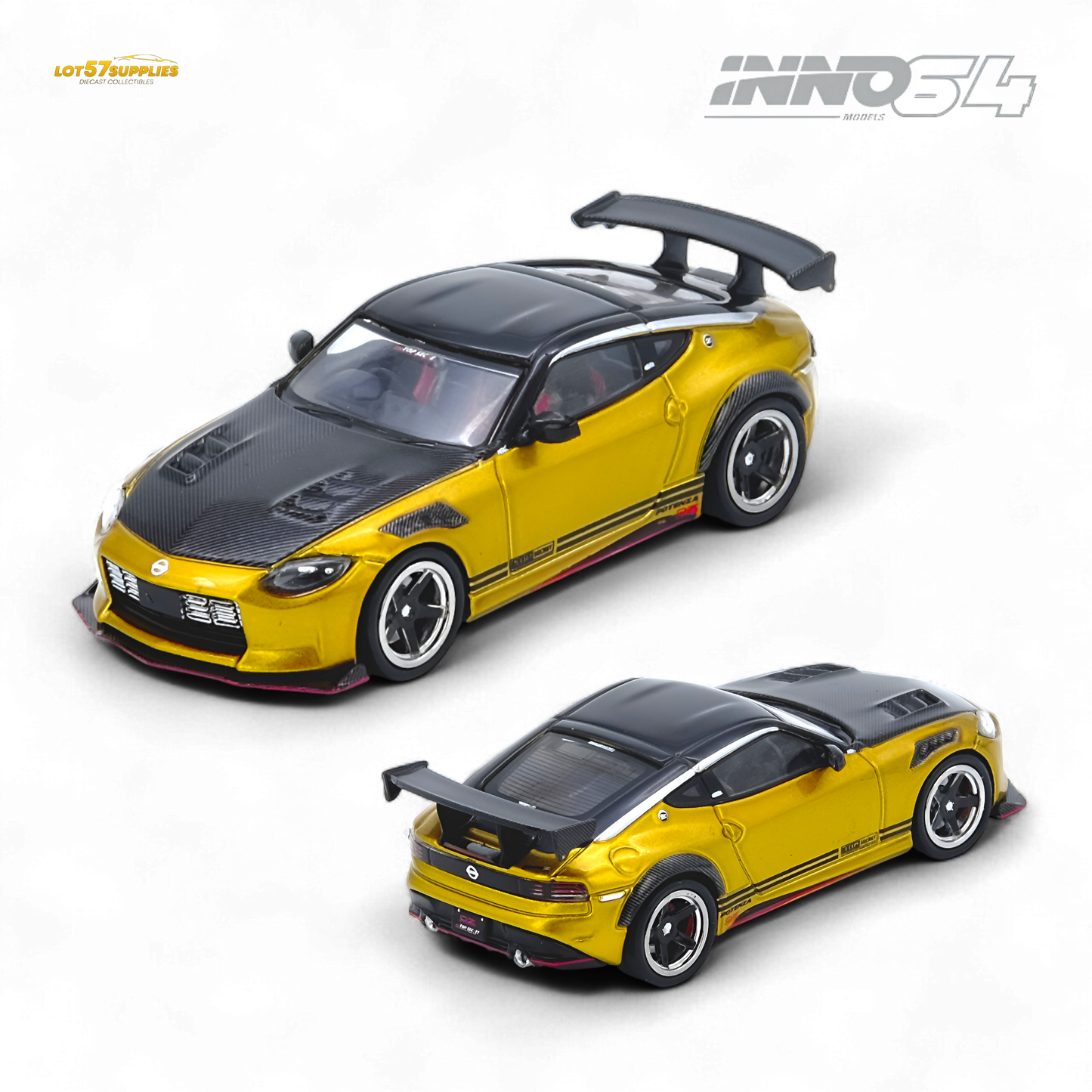 Pre-order Inno64 Nissan Top Secret Fairlady Z RZ34 diecast model in gold, 1:64 scale, featuring detailed exterior and design.