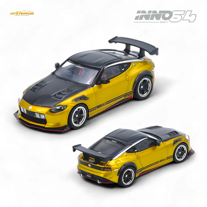 Pre-order Inno64 Nissan Top Secret Fairlady Z RZ34 diecast model in gold, 1:64 scale, featuring detailed exterior and design.