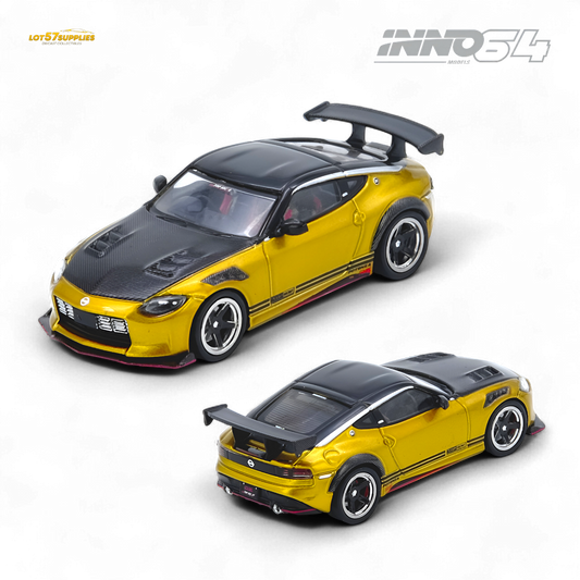 Pre-order Inno64 Nissan Top Secret Fairlady Z RZ34 diecast model in gold, 1:64 scale, featuring detailed exterior and design.