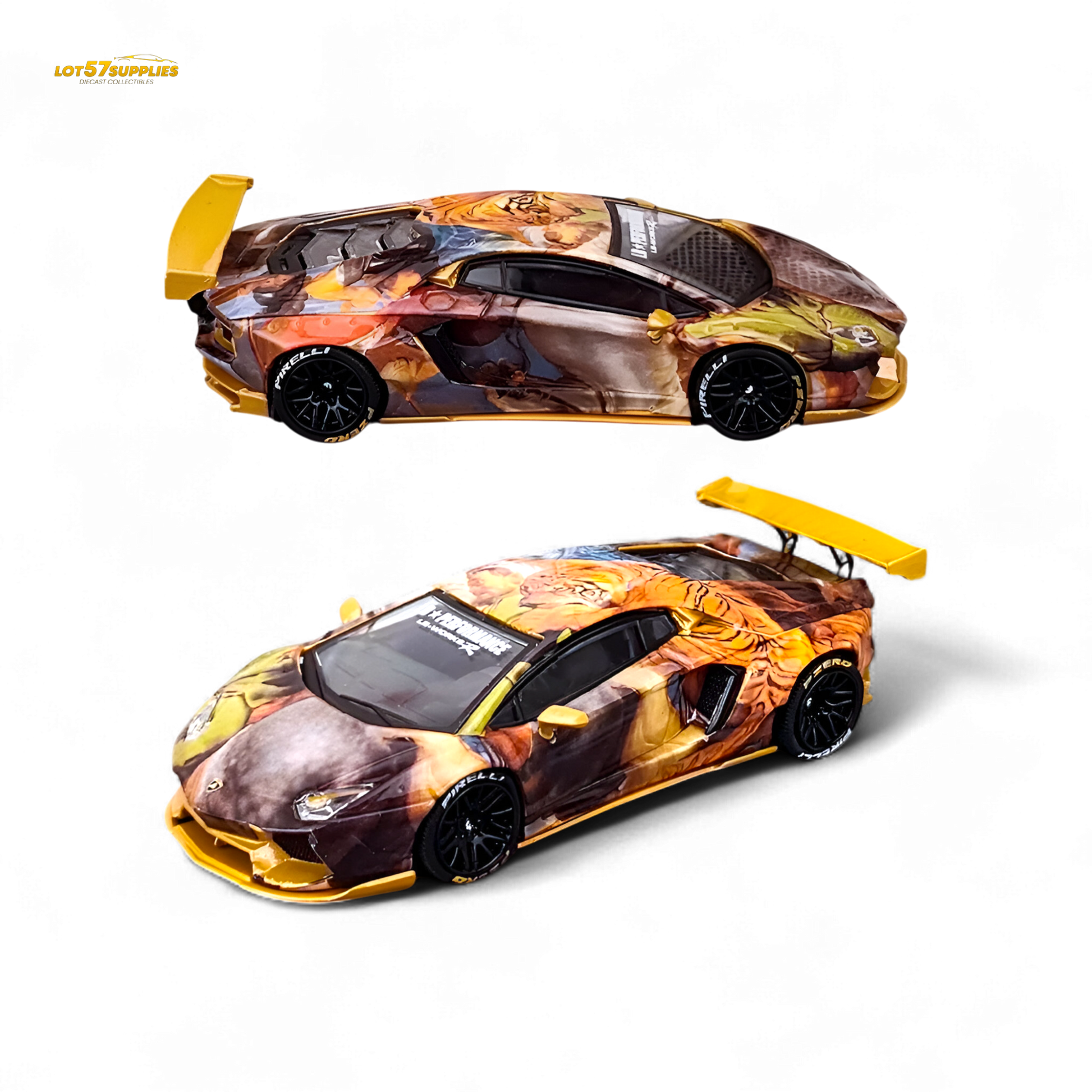 Detailed Lot57Supplies Lamborghini Aventador LP700-4 Tiger Racing 1:64 diecast model in yellow with black accents and detailed exterior.