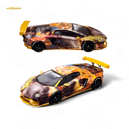 Detailed Lot57Supplies Lamborghini Aventador LP700-4 Tiger Racing 1:64 diecast model in yellow with black accents and detailed exterior.