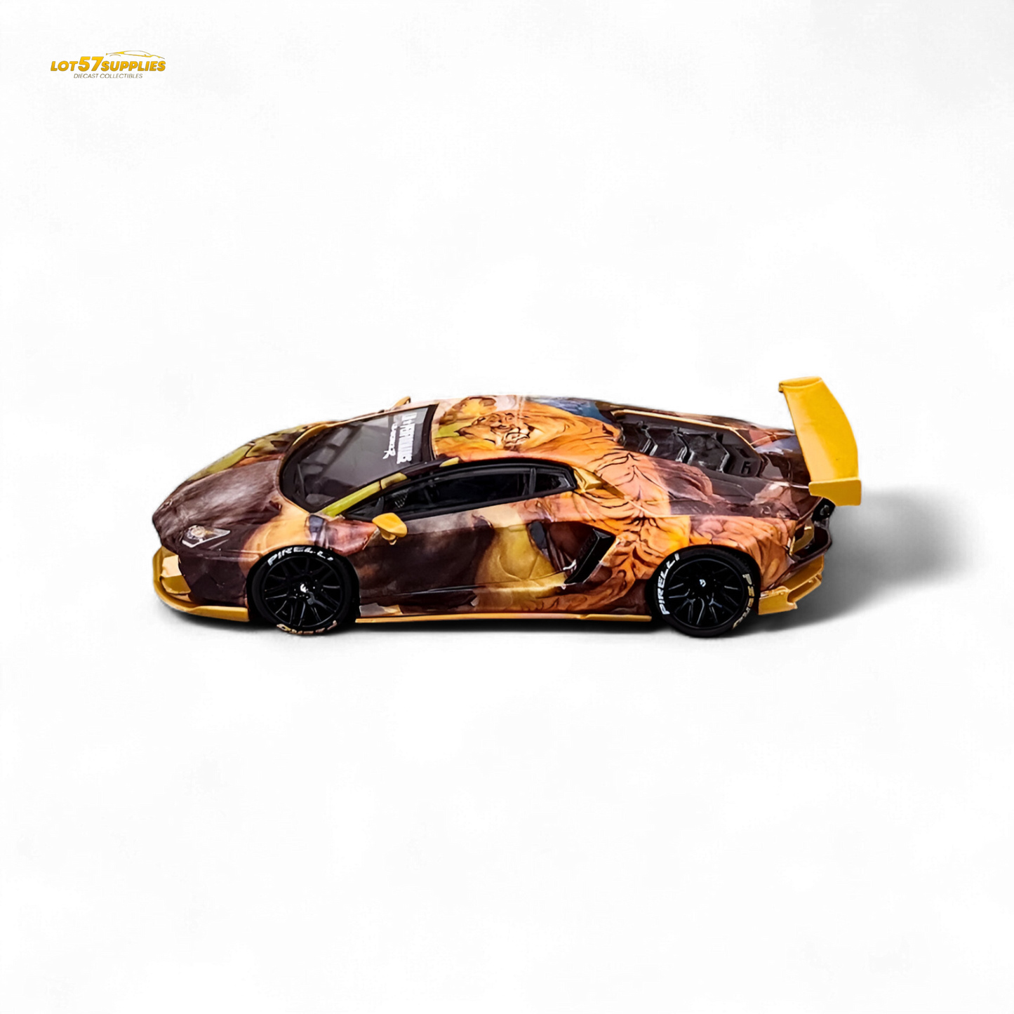 Diecast King Model Lamborghini Aventador LP700-4 Tiger Racing 1:64 scale toy car with detailed yellow and black design.