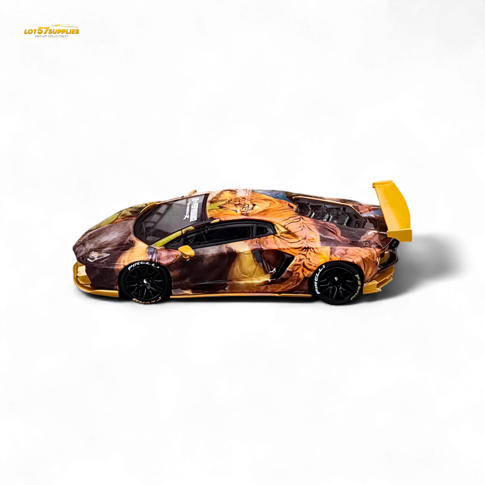 Diecast King Model Lamborghini Aventador LP700-4 Tiger Racing 1:64 scale toy car with detailed yellow and black design.