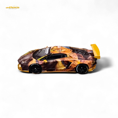 Diecast King Model Lamborghini Aventador LP700-4 Tiger Racing 1:64 scale toy car with detailed yellow and black design.