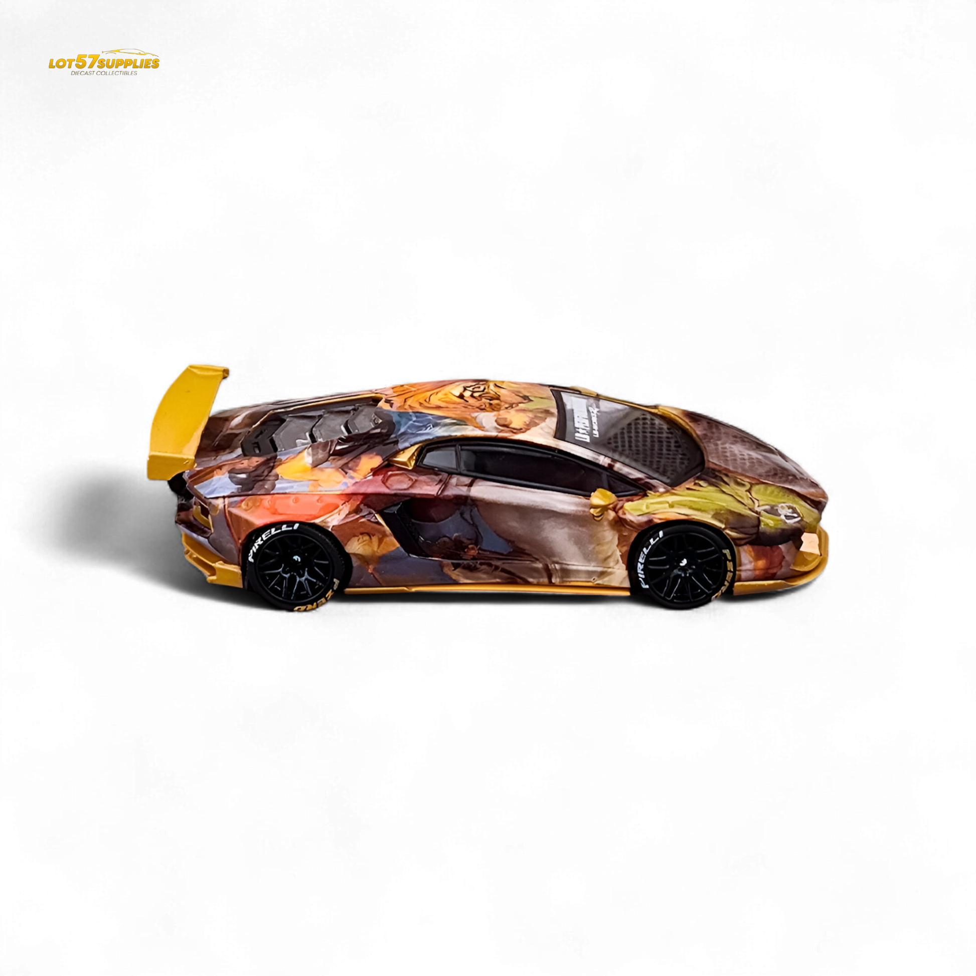 Diecast Lamborghini Aventador LP700-4 King Model in tiger racing design, detailed 1:64 scale Lamborghini toy car.
