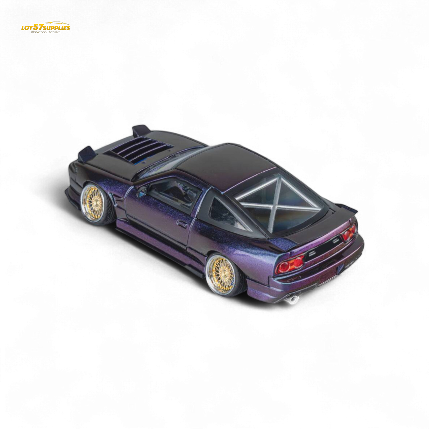 Purple chameleon Nissan 180SX MicroTurbo diecast model by Lot57Supplies, detailed 1:64 scale Nissan car with vibrant finish.