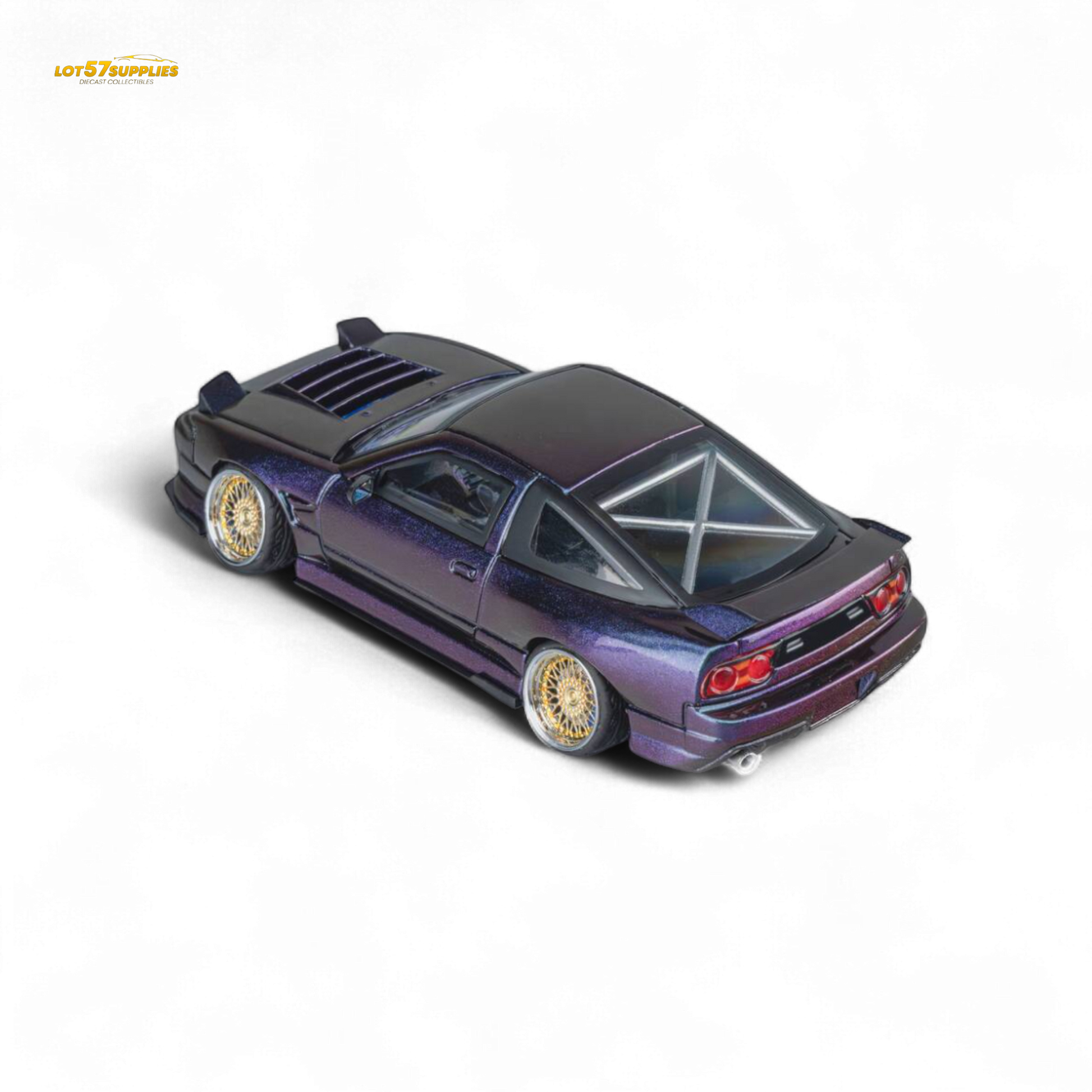 Purple chameleon Nissan 180SX MicroTurbo diecast model by Lot57Supplies, detailed 1:64 scale Nissan car with vibrant finish.