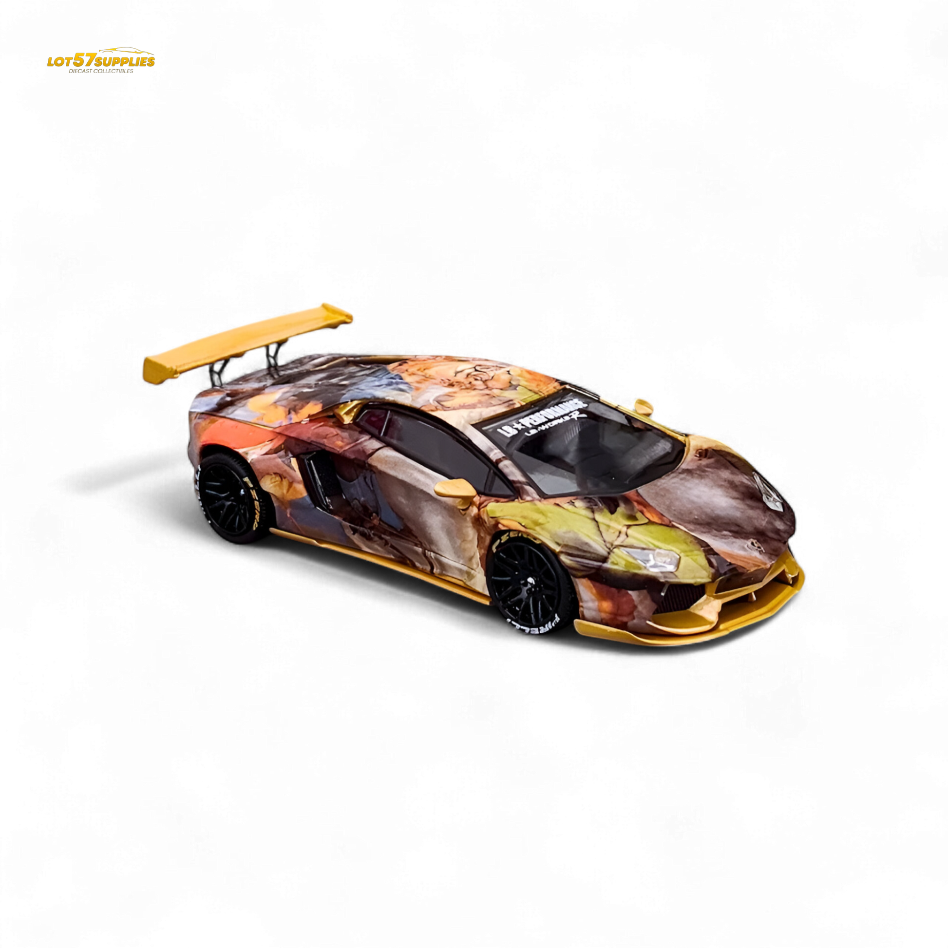 Diecast Lamborghini Aventador LP700-4 King Model in tiger racing design, 1:64 scale, detailed collectible car from Lot57Supplies.
