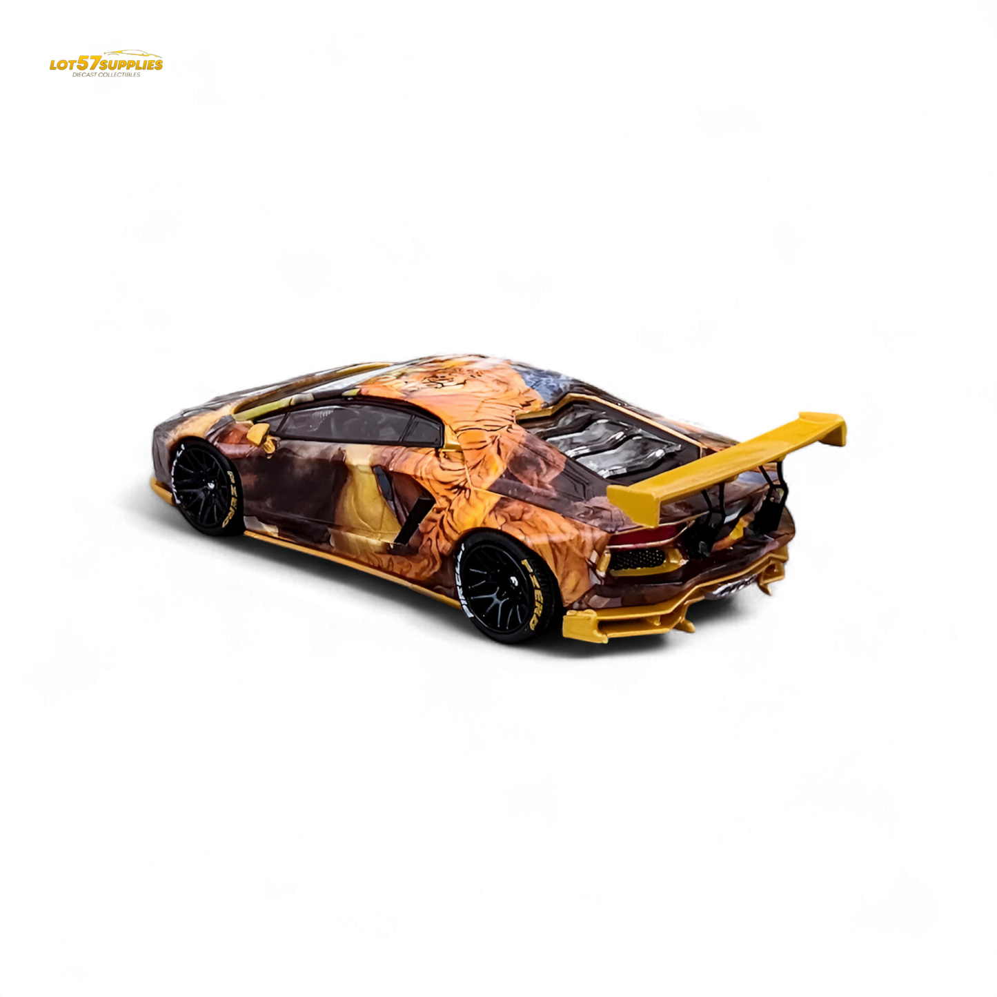 Diecast Lamborghini Aventador LP700-4 Tiger Racing model in 1:64 scale, featuring detailed yellow and black design.
