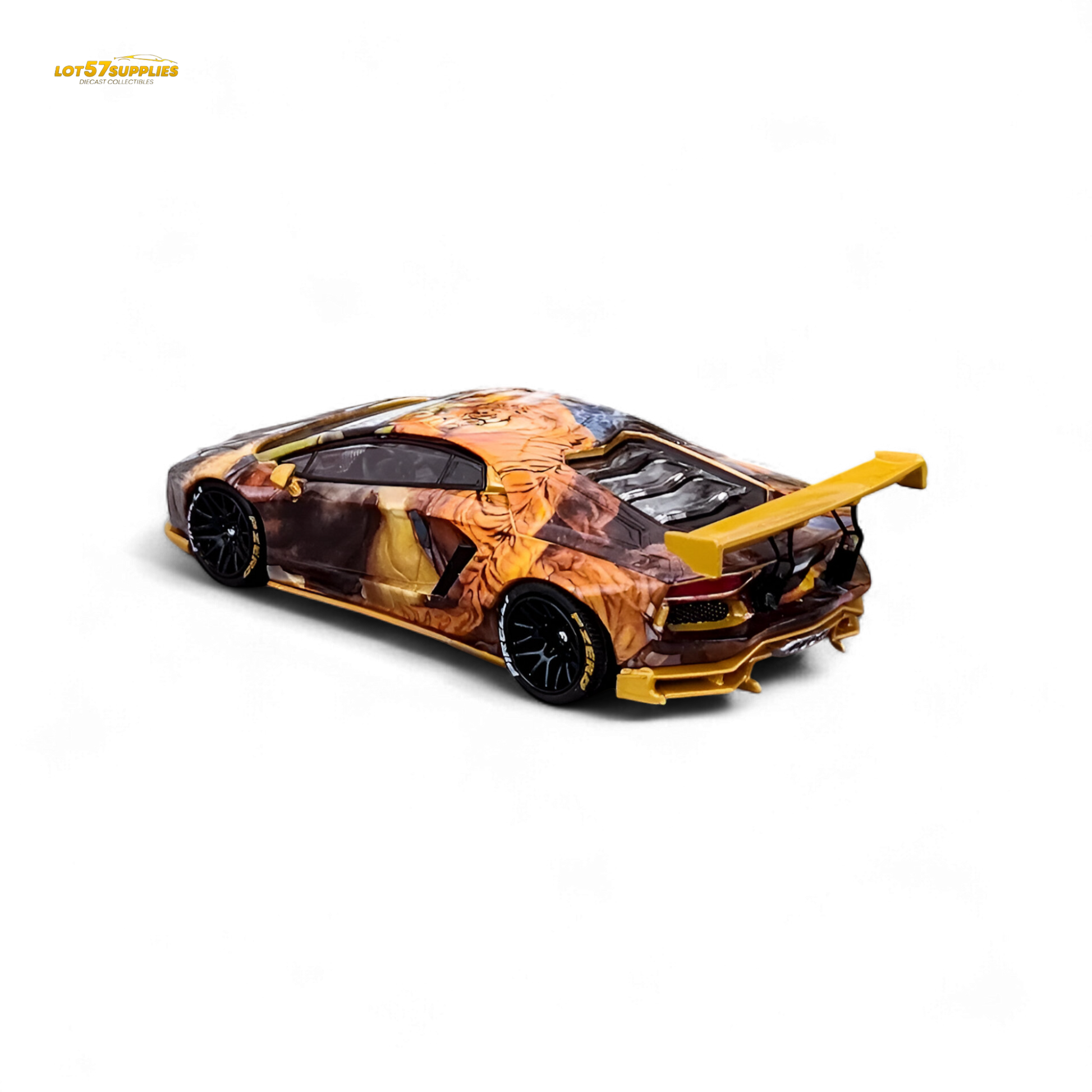 Diecast Lamborghini Aventador LP700-4 Tiger Racing model in 1:64 scale, featuring detailed yellow and black design.