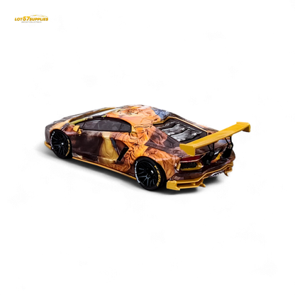 Diecast Lamborghini Aventador LP700-4 Tiger Racing model in 1:64 scale, featuring detailed yellow and black design.