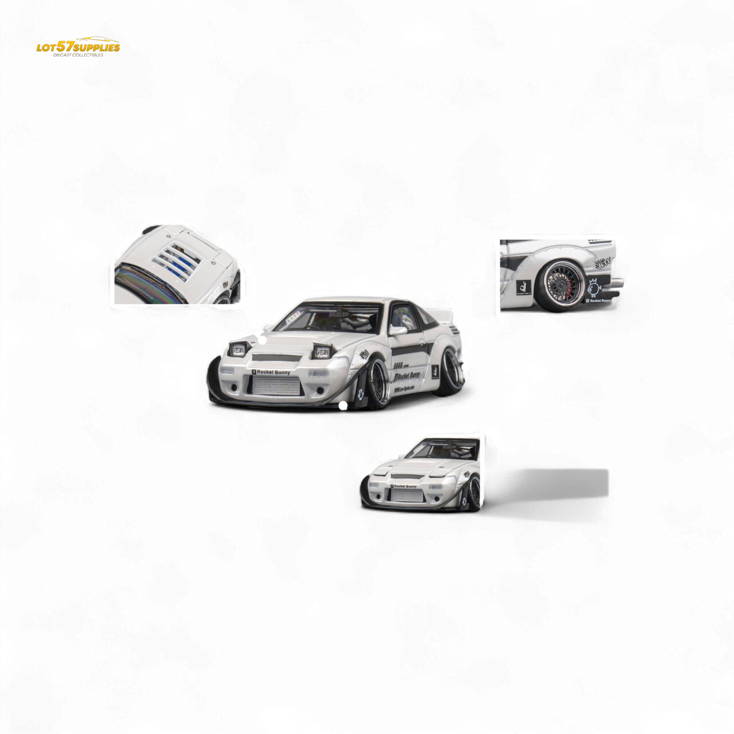 White Nissan 180SX diecast model with Pandem Rocket Bunny body kit, 1:64 scale by Lot57Supplies Diecast Shop.