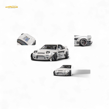 White Nissan 180SX diecast model with Pandem Rocket Bunny body kit, 1:64 scale by Lot57Supplies Diecast Shop.