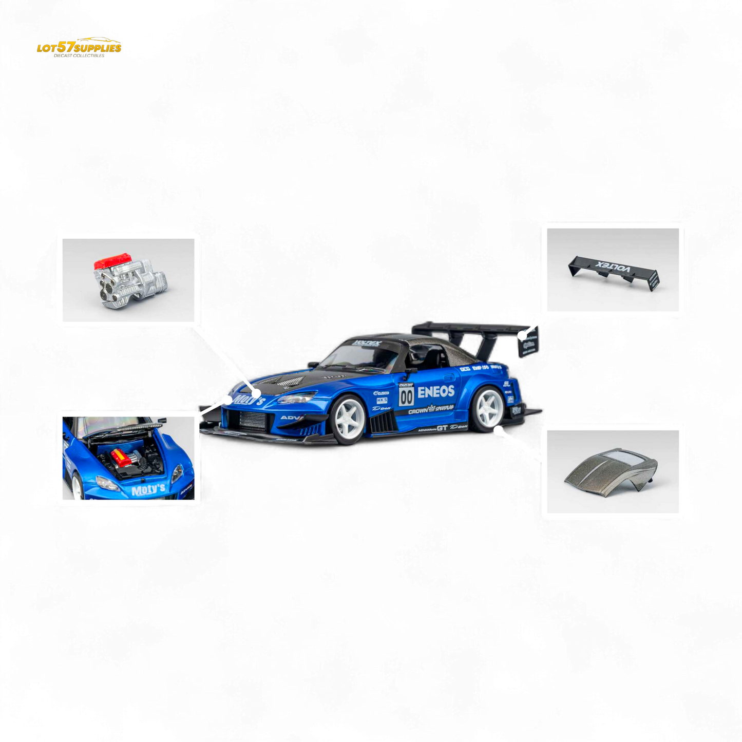 Candy blue Honda S2000 diecast car by Lot57Supplies, MicroTurbo ENEOS #00 TOP FUEL 1:64 scale, detailed miniature model.
