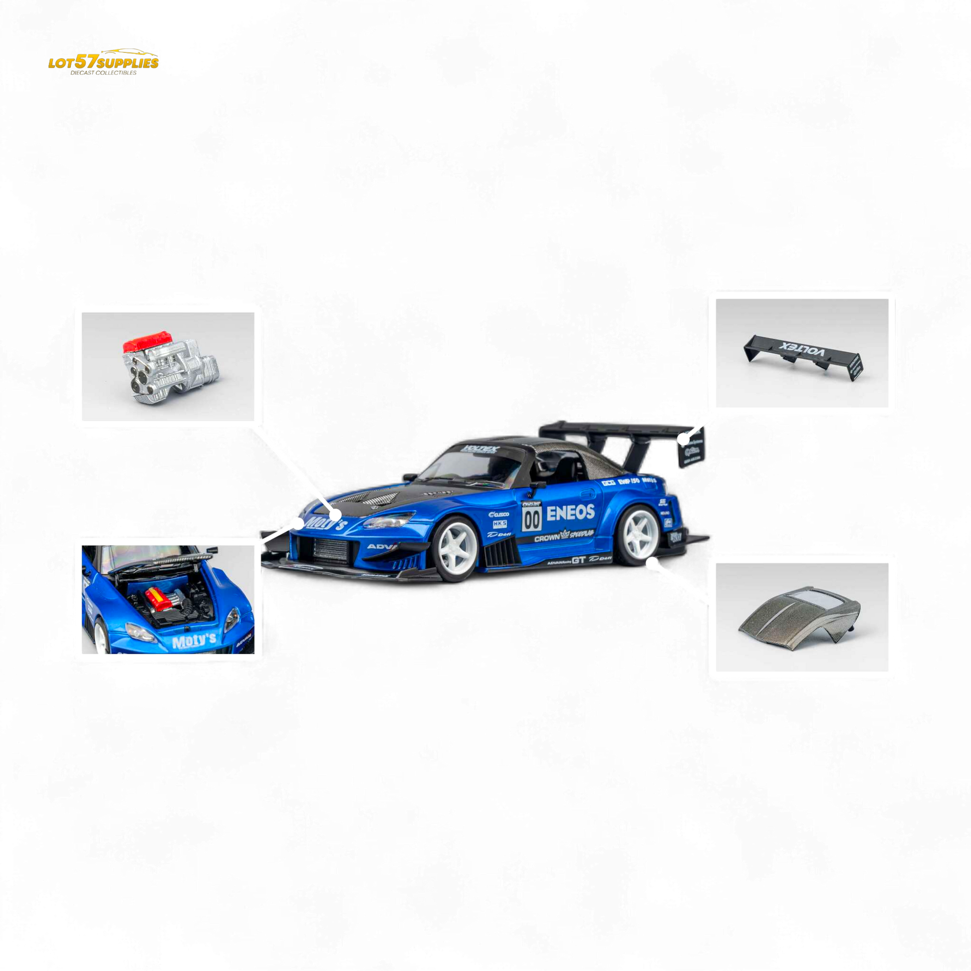 Candy blue Honda S2000 diecast car by Lot57Supplies, MicroTurbo ENEOS #00 TOP FUEL 1:64 scale, detailed miniature model.