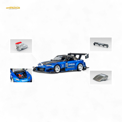 Candy blue Honda S2000 diecast car by Lot57Supplies, MicroTurbo ENEOS #00 TOP FUEL 1:64 scale, detailed miniature model.