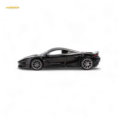 Mini-GT McLaren 750S diecast car in Saros Grey, 1:64 scale, showcasing detailed design and authentic features.