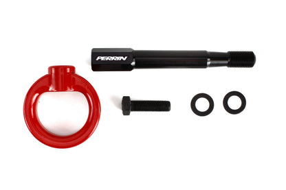 Red PERRIN rear tow hook for 2008-2014 Subaru WRX and STI hatchback, JDMuscle performance car accessory.