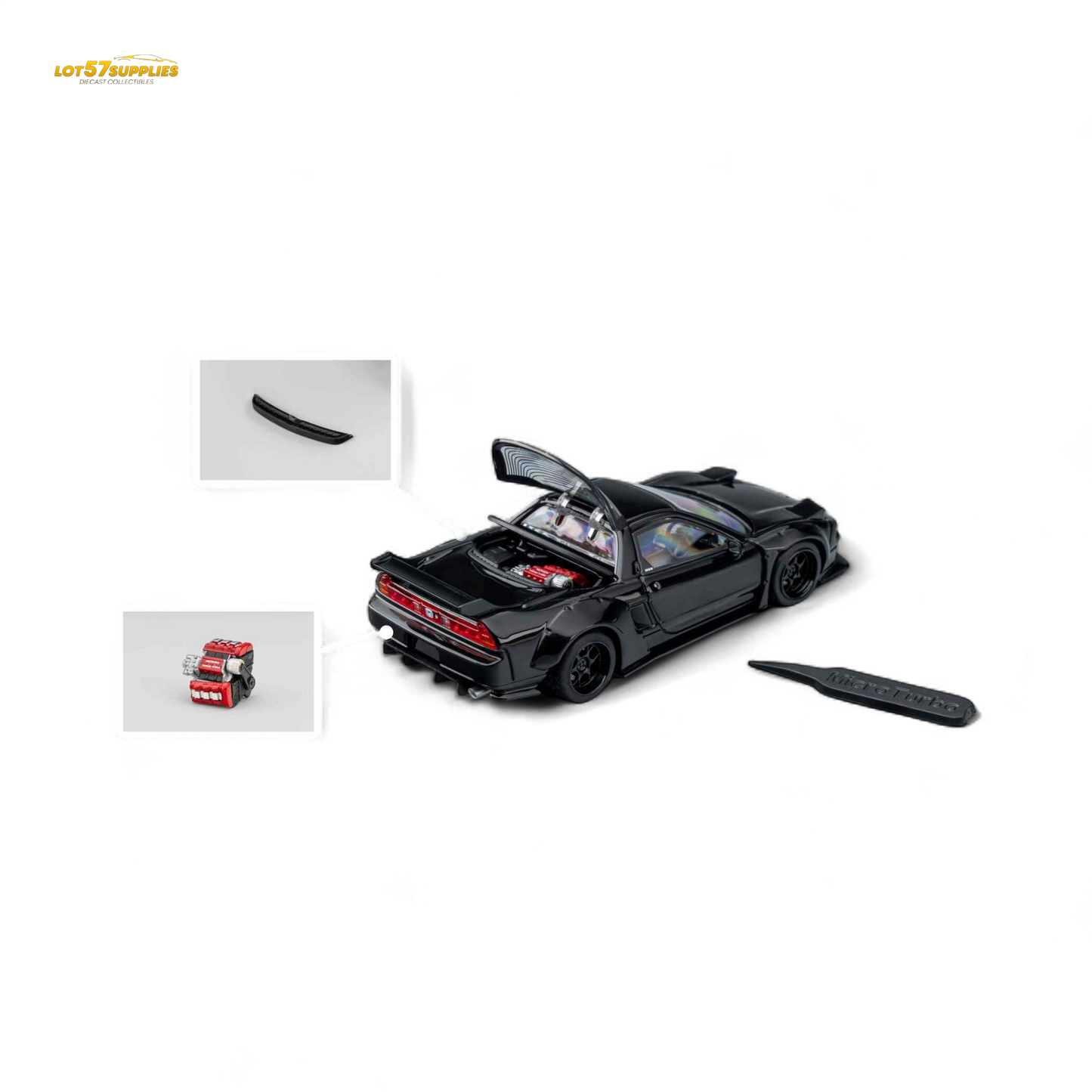 Gloss black Honda Microturbo NSX-R WideBody diecast model in 1:64 scale, detailed miniature car from Lot57Supplies Diecast Shop.