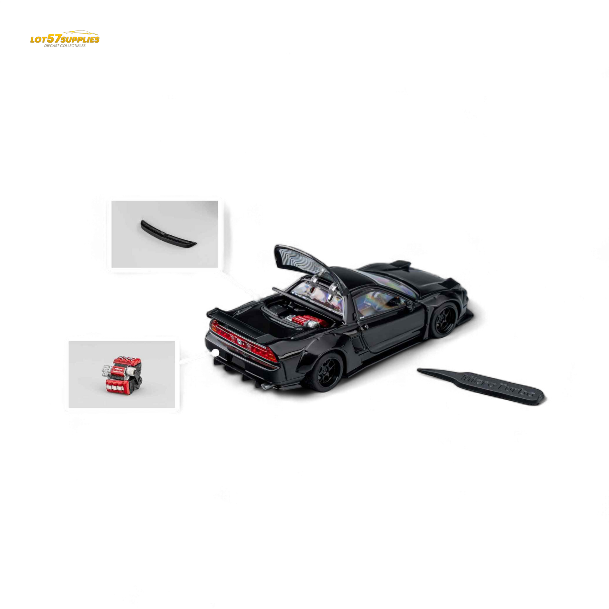 Gloss black Honda Microturbo NSX-R WideBody diecast model in 1:64 scale, detailed miniature car from Lot57Supplies Diecast Shop.