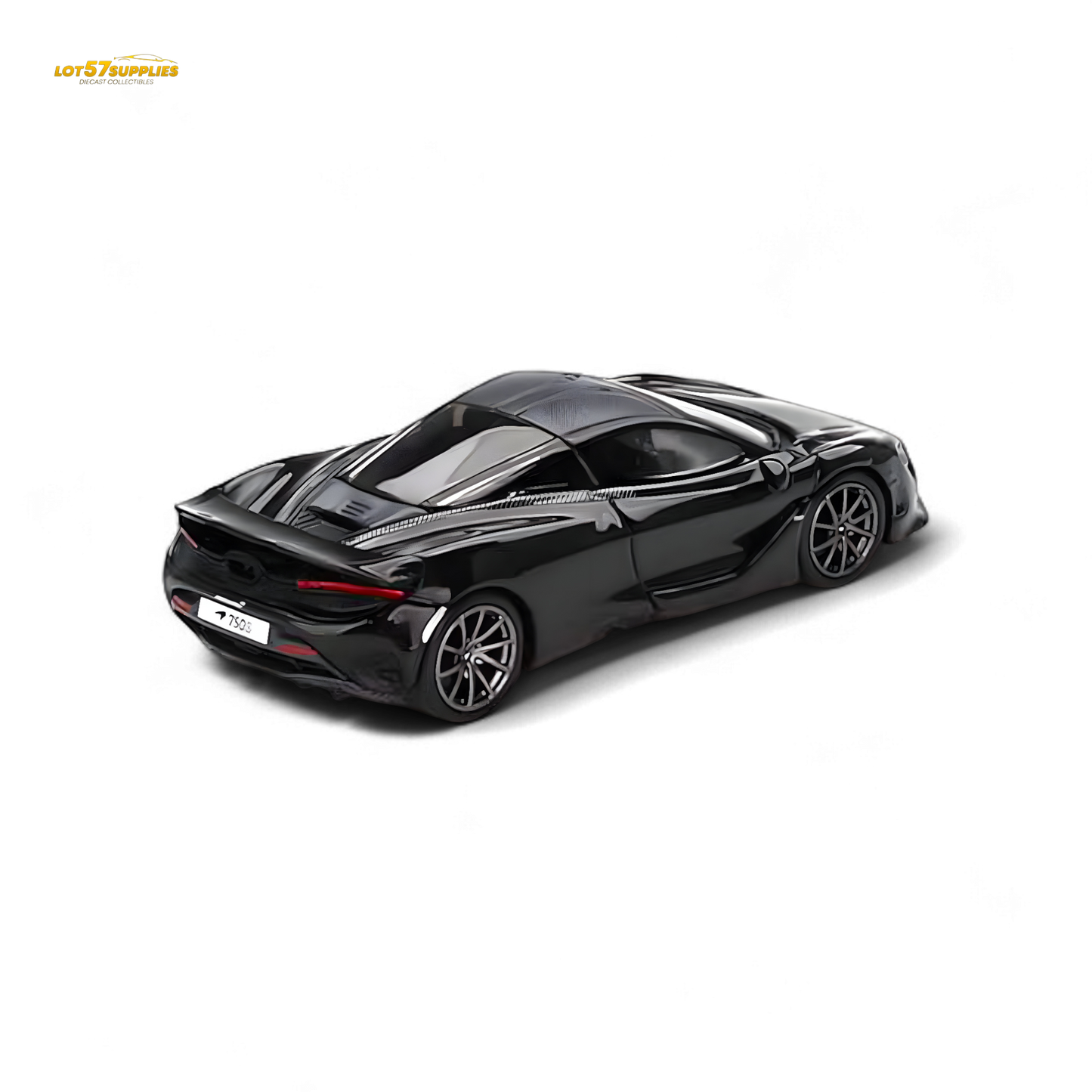 Mini-GT McLaren 750S diecast car in Saros Grey, 1:64 scale, detailed model from Lot57Supplies Diecast Shop.
