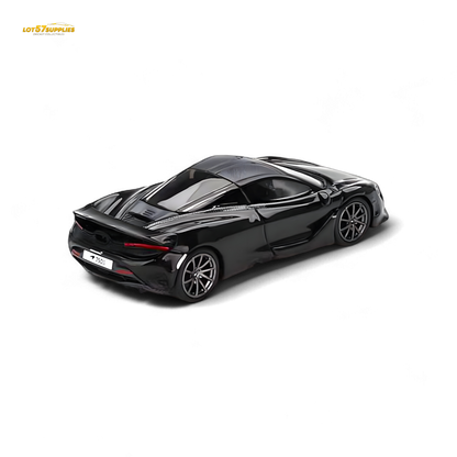 Mini-GT McLaren 750S diecast car in Saros Grey, 1:64 scale, detailed model from Lot57Supplies Diecast Shop.