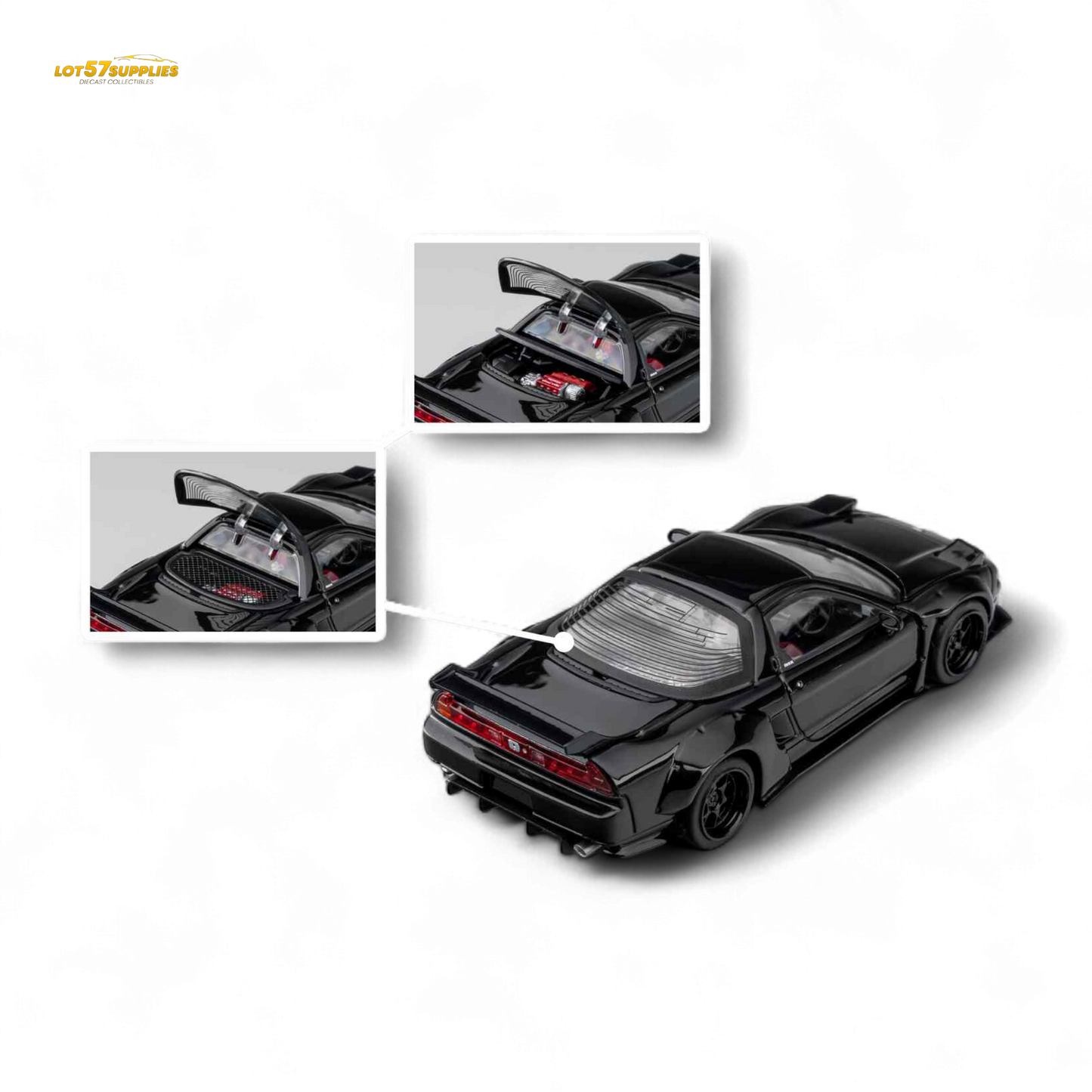 Gloss black Honda Microturbo NSX-R WideBody diecast model in 1:64 scale by Lot57Supplies Diecast Shop, shown from a side angle.