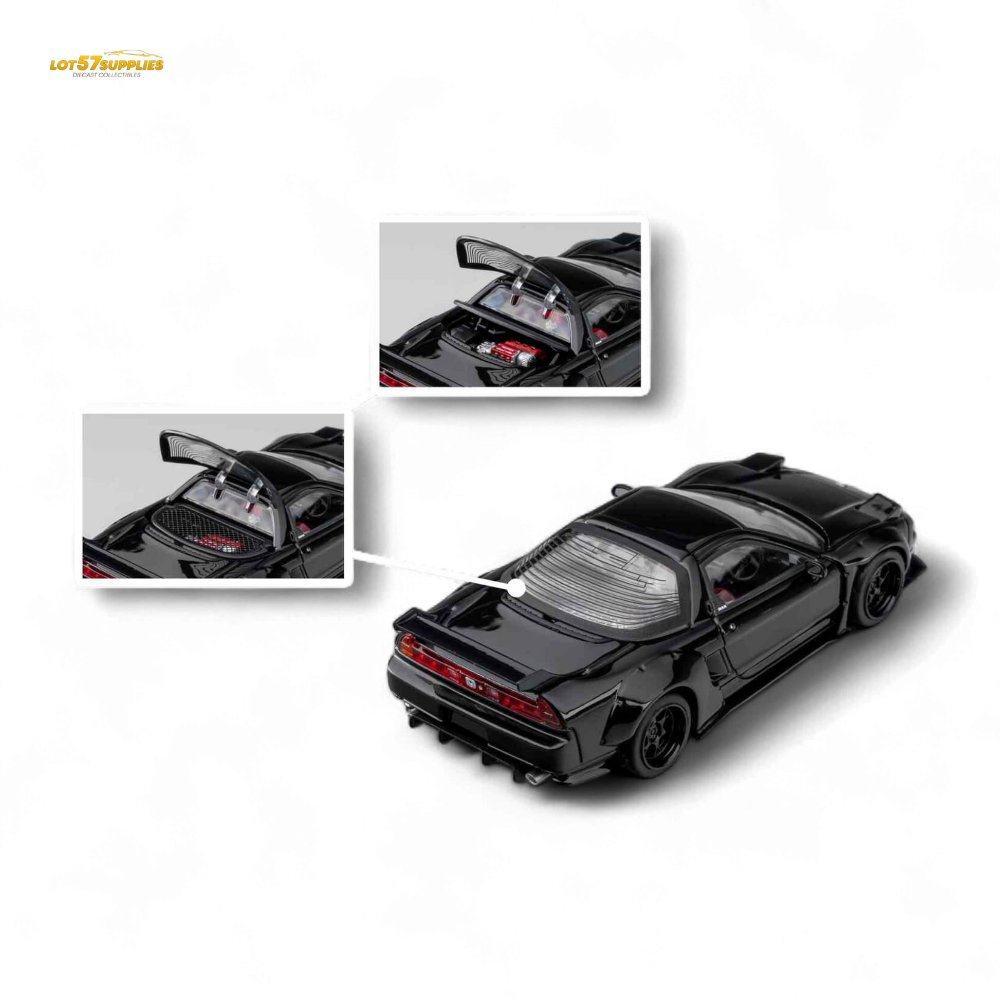 Gloss black Honda Microturbo NSX-R WideBody diecast model in 1:64 scale by Lot57Supplies Diecast Shop, shown from a side angle.