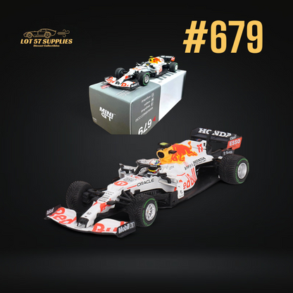 Mini GT Red Bull RB16B diecast car #11 Sergio Pérez 1:64 scale, detailed red and black racing car model.
