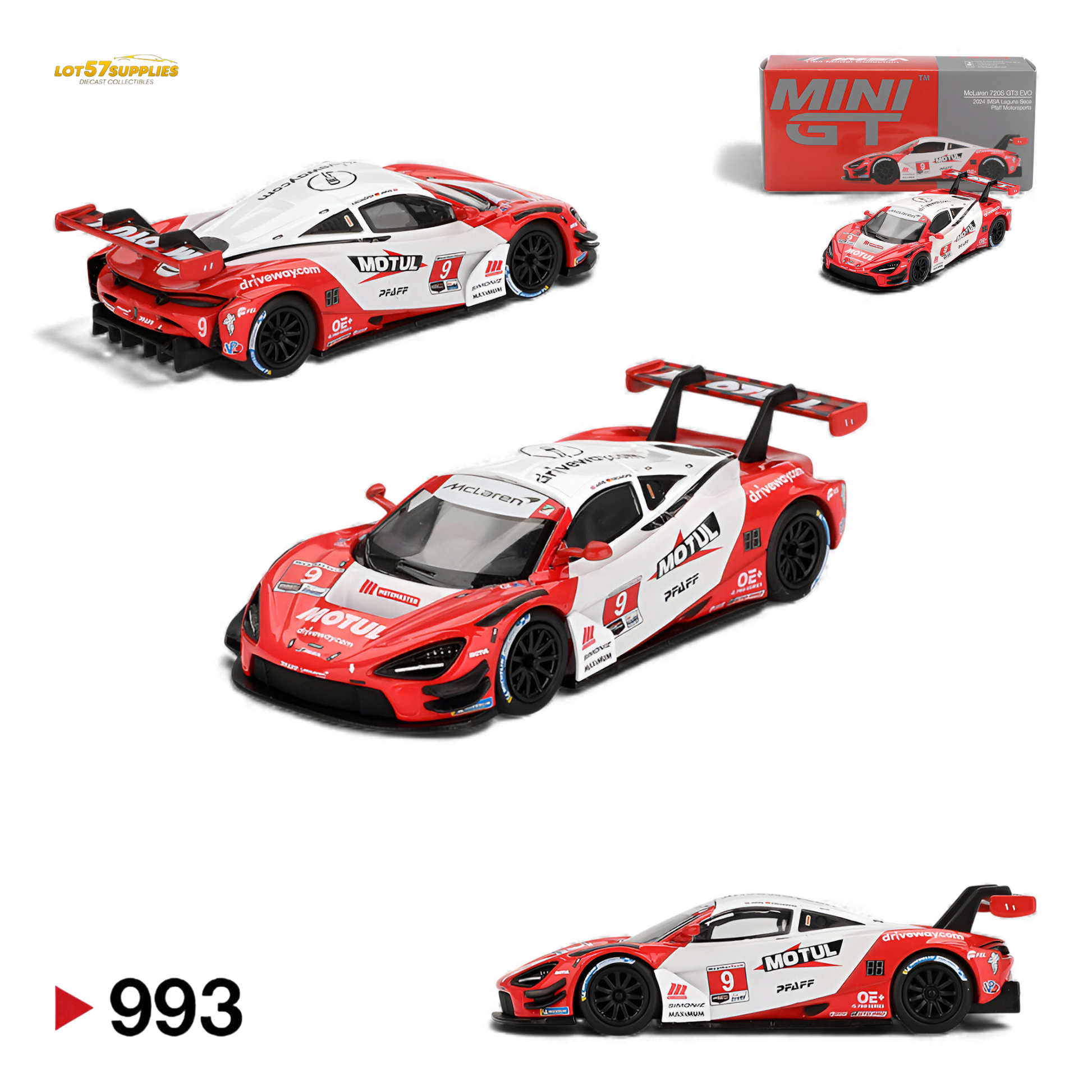 Mini GT McLaren 720S GT3 Evo Pfaff diecast model in 1:64 scale, detailed silver race car with racing decals and aerodynamic features