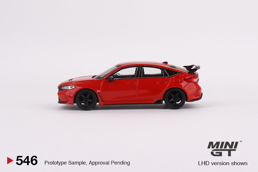 Mini GT Honda Civic Type R diecast model in rallye red, 1:64 scale, showcasing detailed exterior and sporty design.