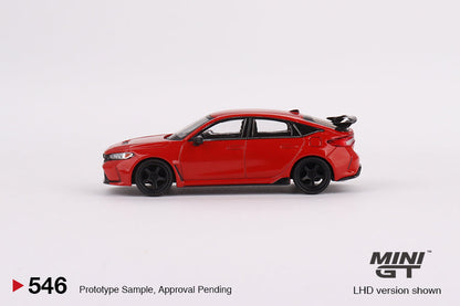 Mini GT Honda Civic Type R diecast model in rallye red, 1:64 scale, showcasing detailed exterior and sporty design.