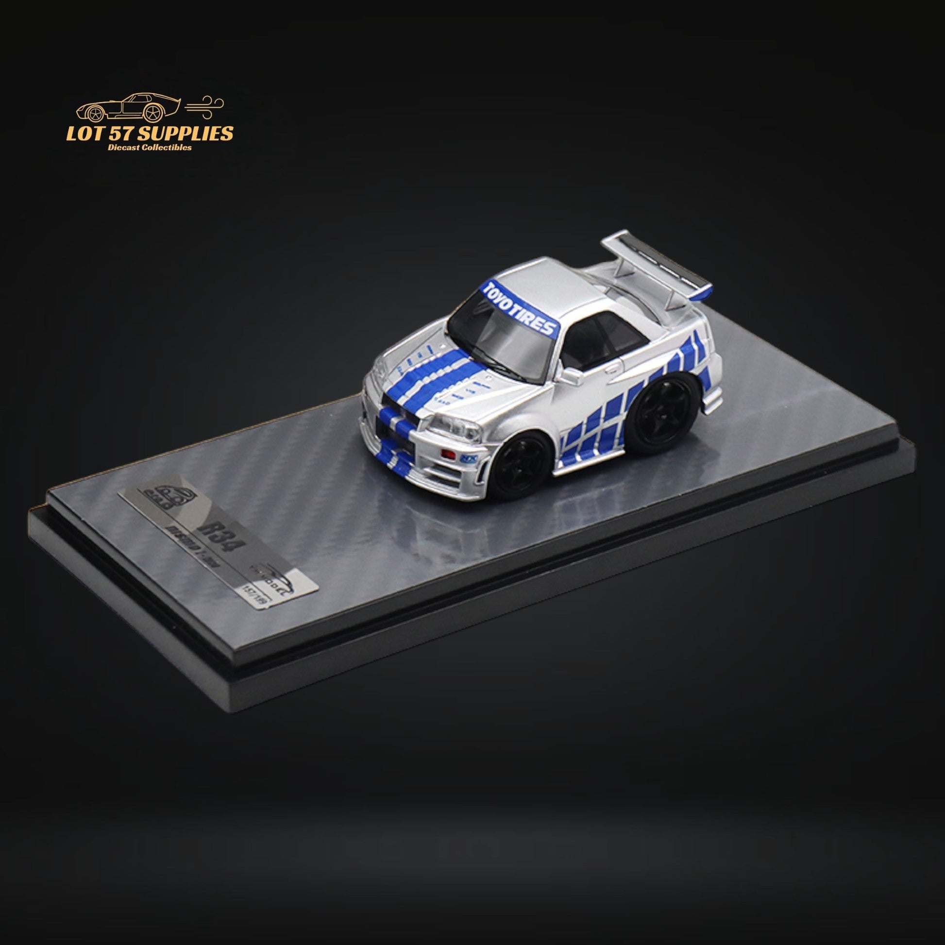Silver blue Nissan Skyline R34 diecast model with F&F livery, 1:64 scale, from Lot57Supplies Diecast Shop.