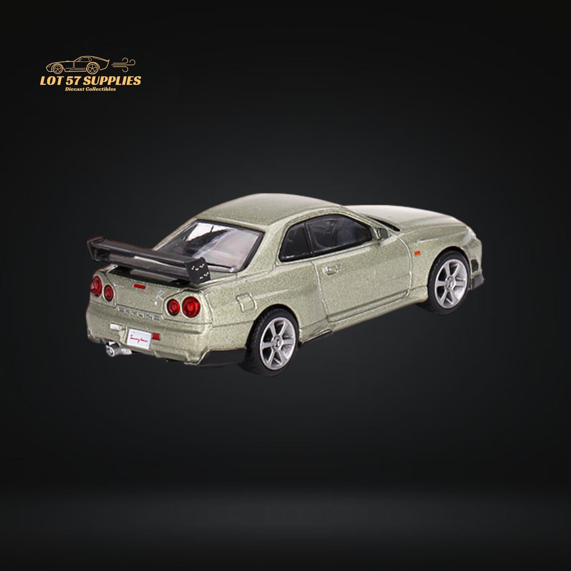 Mini-GT Nissan Skyline GT-R R34 diecast model by Lot57Supplies, detailed 1:64 scale car with vibrant colors and realistic features.