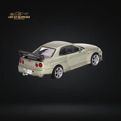 Mini-GT Nissan Skyline GT-R R34 diecast model by Lot57Supplies, detailed 1:64 scale car with vibrant colors and realistic features.