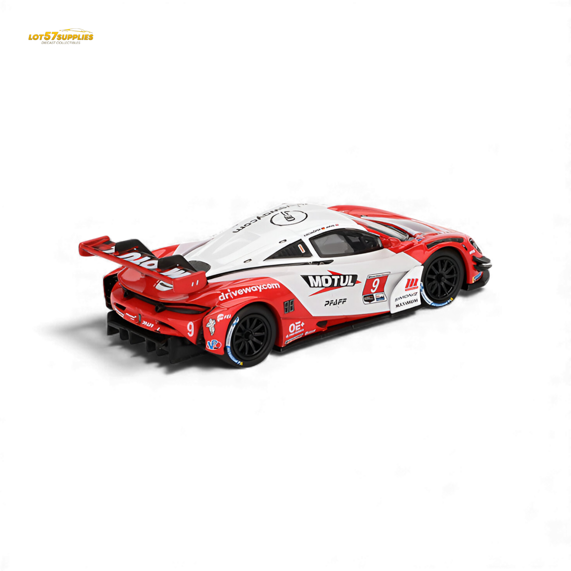 Miniature McLaren 720S GT3 Evo diecast model in 1:64 scale, detailed black and orange design, from Lot57Supplies Diecast Shop.