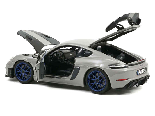 2023 Porsche Cayman GT4 RS Weissach Pack Chalk Gray with Carbon Hood Stripes 1/18 Diecast Model Car by Norev