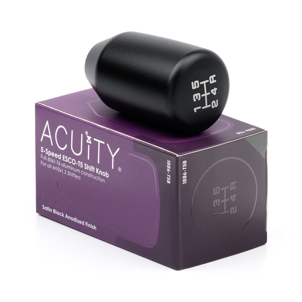 Acuity Esco-T5 5-speed satin black shift knob with M10 x 1.5 threading for manual transmission cars.