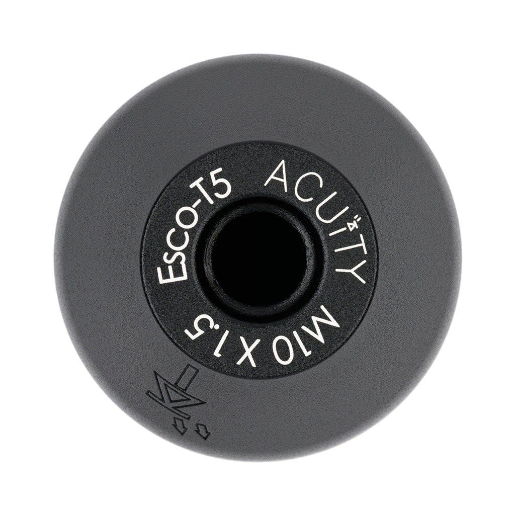 A satin black ACUITY ESCO-T5 5-speed shift knob with M10 x 1.5 threading, designed for manual gear shifting.