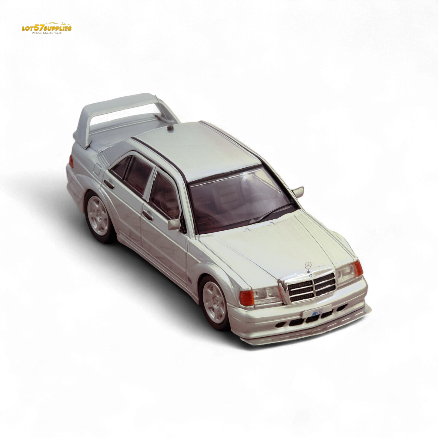 Silver Inno64 Mercedes-Benz 190E diecast model car in 1:64 scale, detailed replica from Lot57Supplies Diecast Shop.