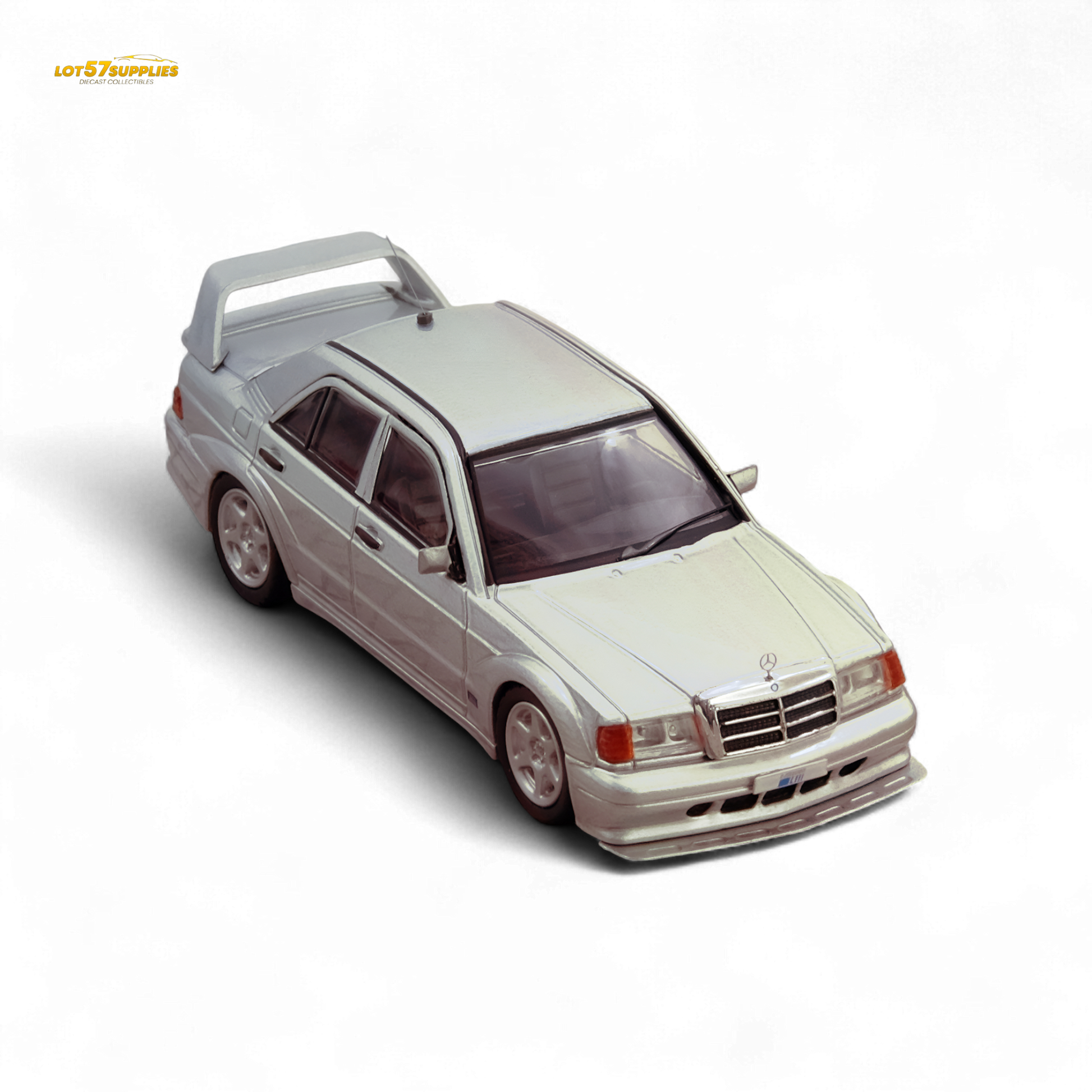 Silver Inno64 Mercedes-Benz 190E diecast model car in 1:64 scale, detailed replica from Lot57Supplies Diecast Shop.