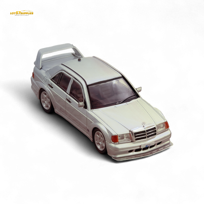 Silver Inno64 Mercedes-Benz 190E diecast model car in 1:64 scale, detailed replica from Lot57Supplies Diecast Shop.